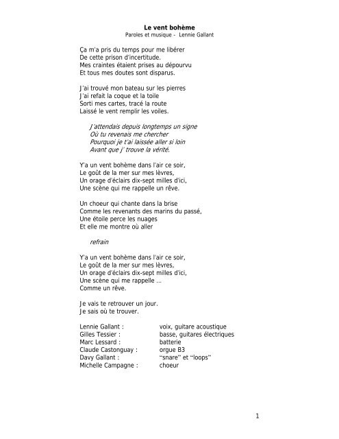 lyrics - Lennie Gallant