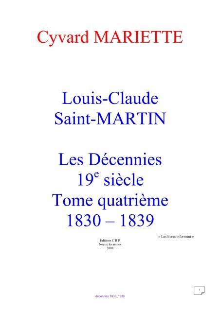 Cyvard MARIETTE Louis-Claude Saint-MARTIN Les Décennies 19 ...