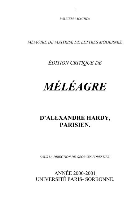 Hardy, MELEAGRE - CRHT - Université Paris-Sorbonne