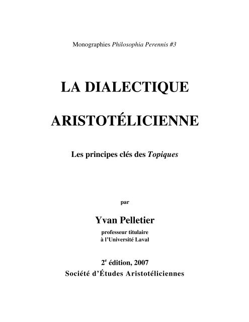 La Dialectique aristotélicienne, les principes clés des Topiques ...