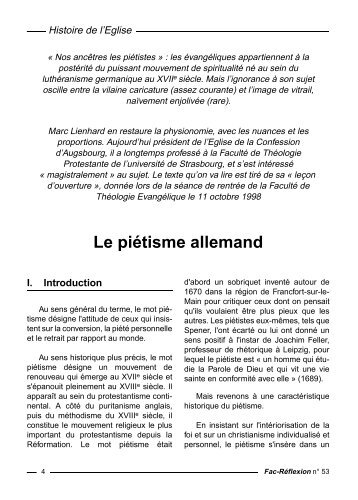 Le piétisme allemand - Faculté Libre de Théologie Évangélique