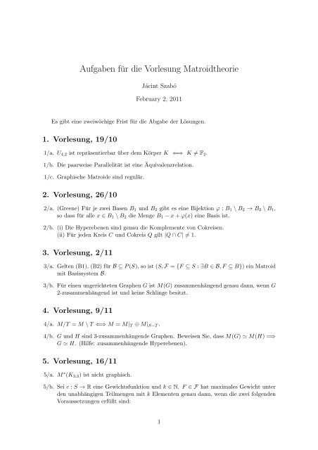 Aufgaben für die Vorlesung Matroidtheorie - ZIB