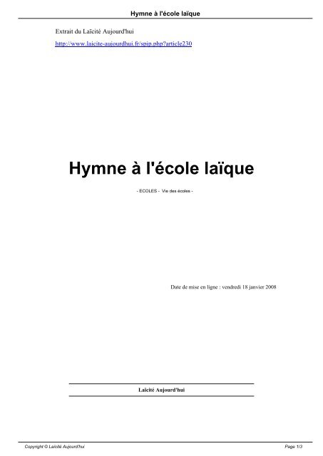 Hymne à l'école laïque - Laïcité Aujourd'hui