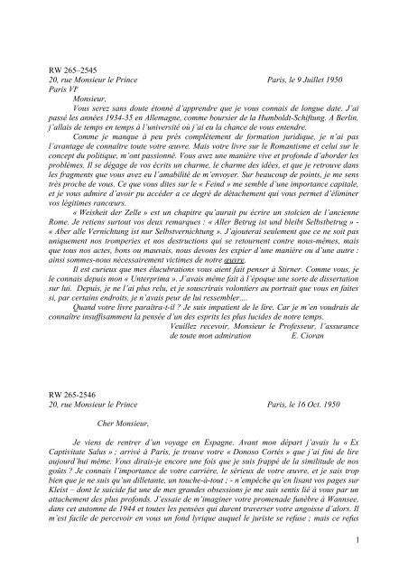 Note à l'occasion de la publication des lettres de Cioran à Carl Schmitt