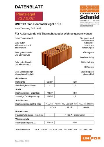 DATENBLATT UNIPOR Plan-Hochlochziegel S 1,2