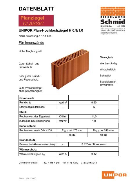 DATENBLATT UNIPOR Plan-Hochlochziegel H 0,9/1,0