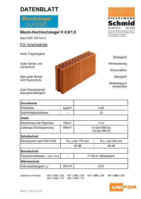 DATENBLATT Block-Hochlochziegel H 0,9/1,0