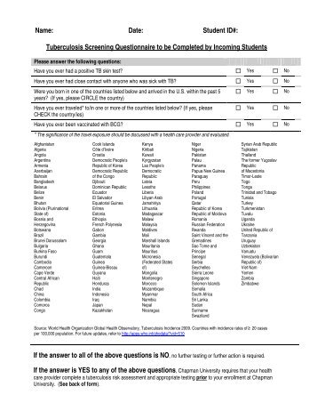 Tuberculosis Screening Questionnaire - Chapman University