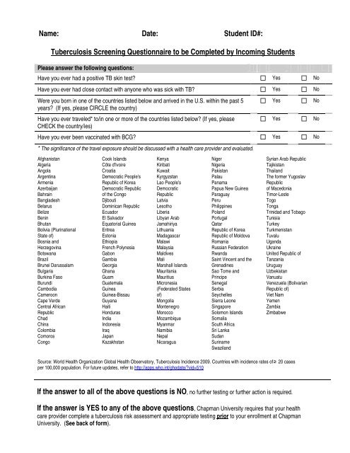 Tuberculosis Screening Questionnaire - Chapman University