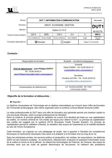 La fiche DUT Info-Com Option GIDO 2012-2013 - IUT Dijon ...