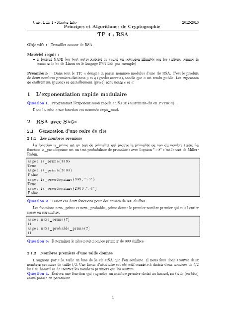 TP 4 : RSA 1 L'exponentiation rapide modulaire 2 RSA avec ... - FIL