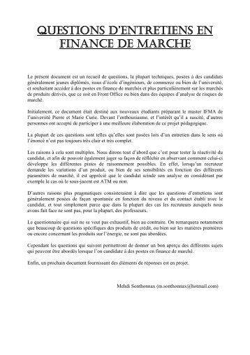 questions d'entretiens en finance de marche - Université Pierre et ...