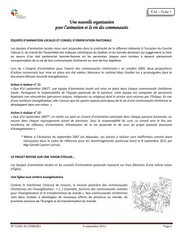 Équipes d'animation locales - Eglise catholique de Québec