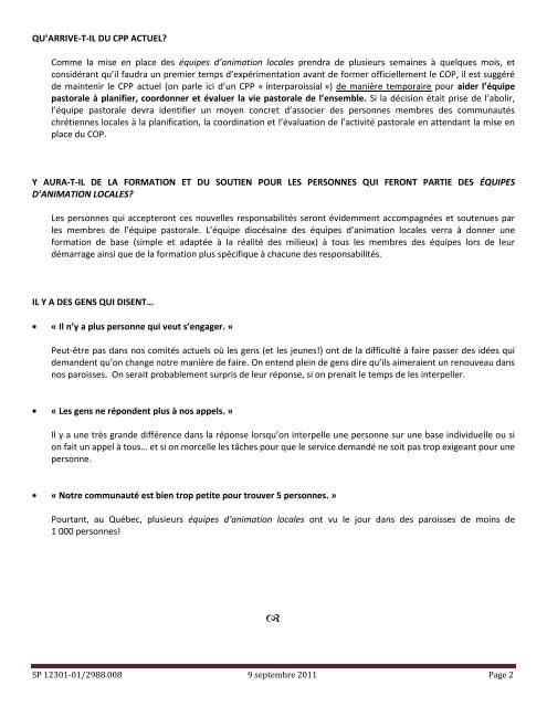 Équipes d'animation locales - Eglise catholique de Québec