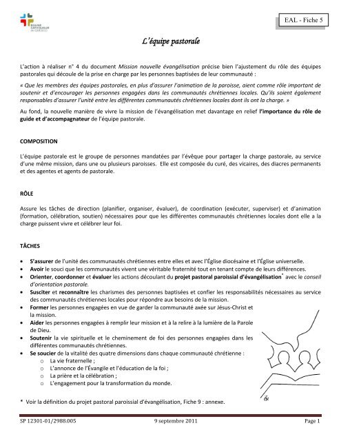 Équipes d'animation locales - Eglise catholique de Québec