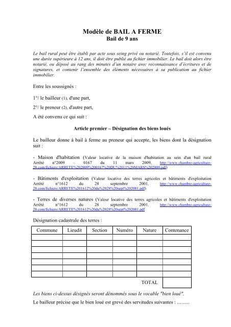 Modèle de BAIL A FERME - Chambre d'Agriculture d'Eure et Loir