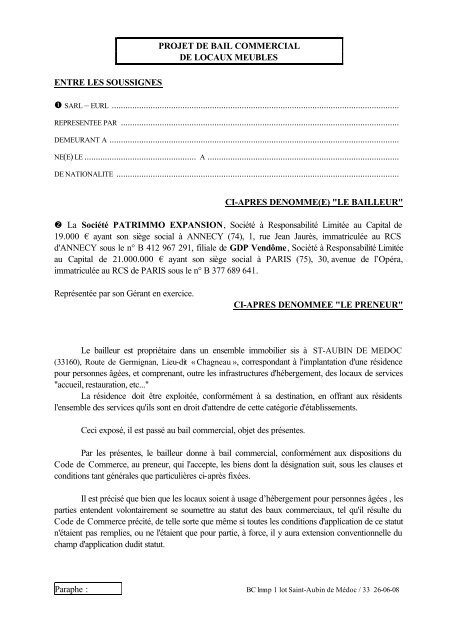 Paraphe : PROJET DE BAIL COMMERCIAL DE LOCAUX ... - CN2i
