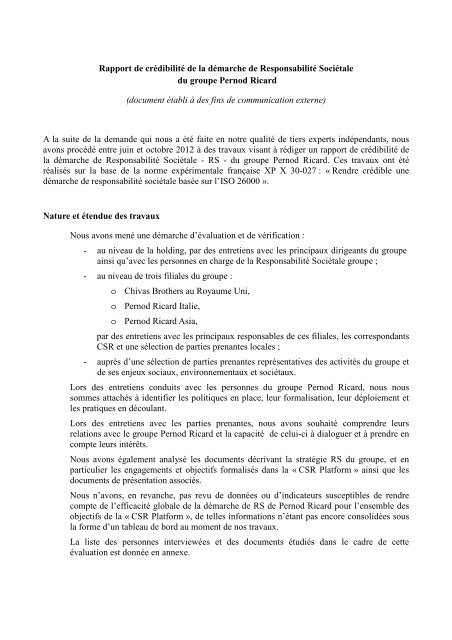 Lire le rapport de crédibilité - Pernod Ricard