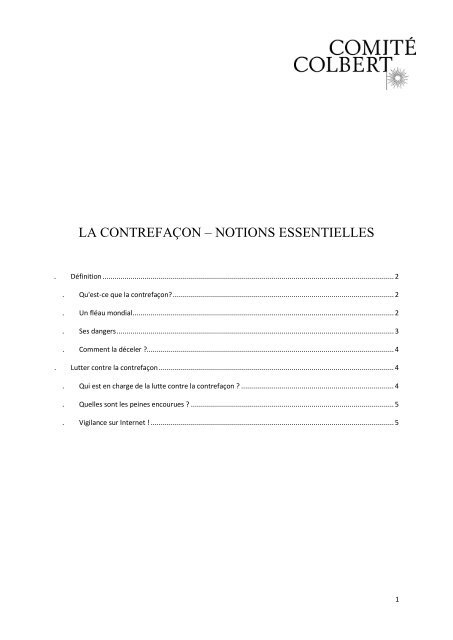 LA CONTREFAÇON – NOTIONS ESSENTIELLES - Comité Colbert