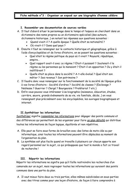 Fiche Methode N 3 Organiser Un Expose Sur Une Biographie D