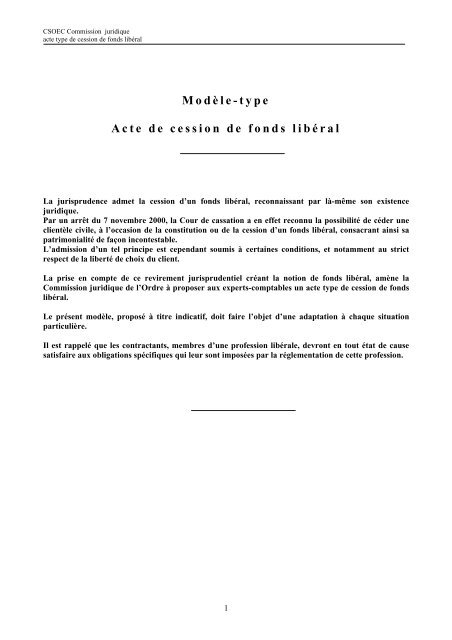 Modèle-type Acte de cession de fonds libéral - Ordre des experts ...