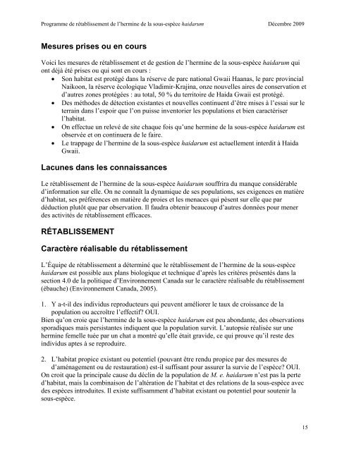 Programme de rétablissement de l'hermine de la sous-espèce ...