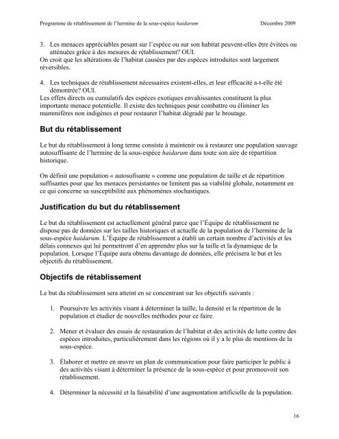 Programme de rétablissement de l'hermine de la sous-espèce ...