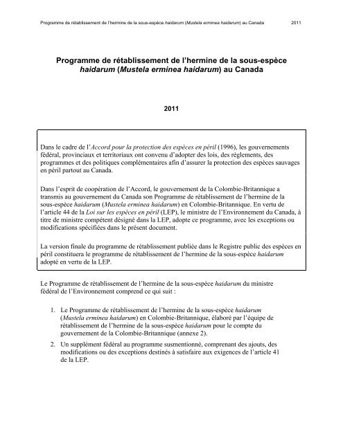 Programme de rétablissement de l'hermine de la sous-espèce ...