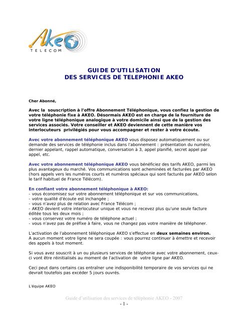 GUIDE D'UTILISATION DES SERVICES DE ... - AKEO - Telecom