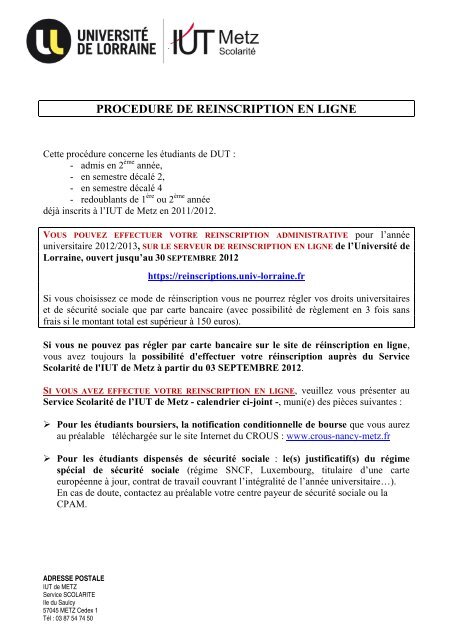 PROCEDURE DE REINSCRIPTION EN LIGNE - IUT de Metz ...