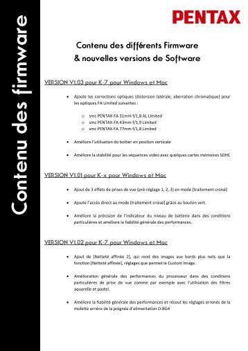 Contenu des firmware - Pentax