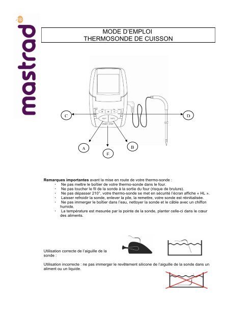 MODE D'EMPLOI THERMOSONDE DE CUISSON - Mastrad