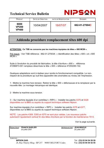 Technical Service Bulletin Addenda procédure ... - Nipson