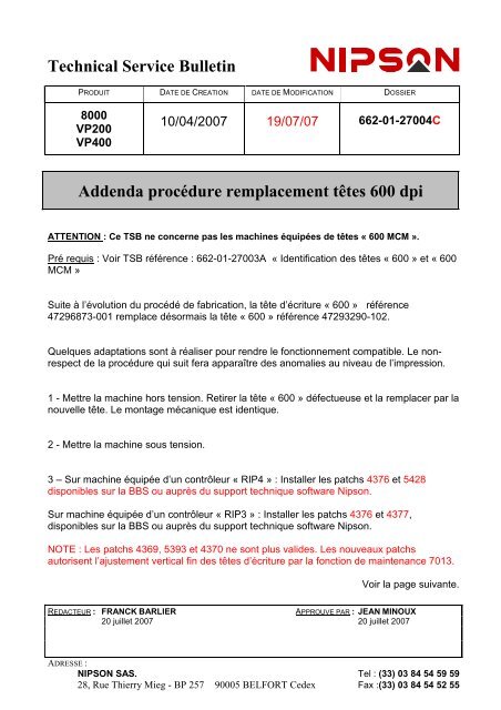 Technical Service Bulletin Addenda procédure ... - Nipson