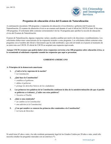 Preguntas de educación cívica del Examen de Naturalización - uscis