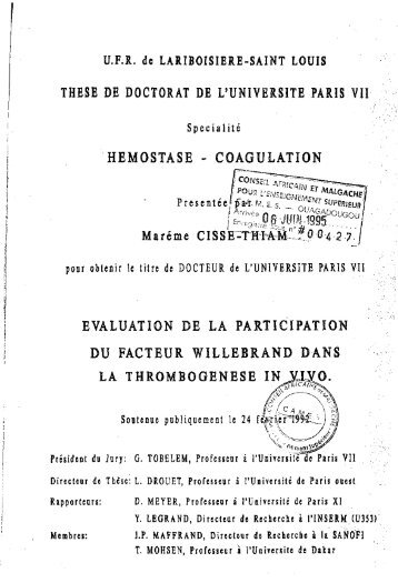 THESE DE DOCTORAT DE L'UNIVERSITE PARIS VII 'HEMOSTASE ...