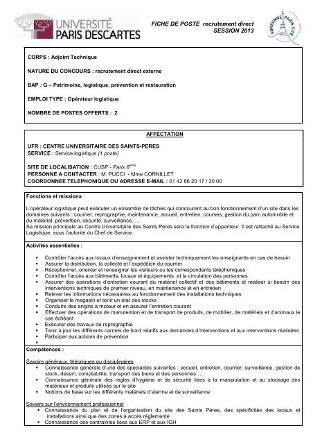 Opérateur logistique – CUSP - L'Université Paris Descartes