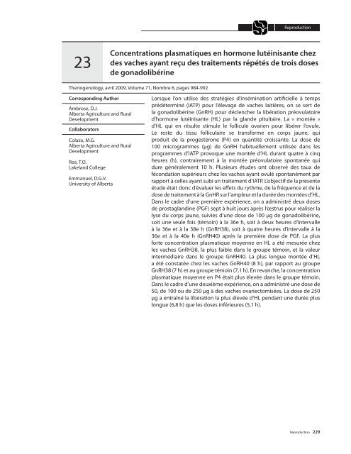 Points saillants de la recherche canadienne sur les bovins laitiers ...