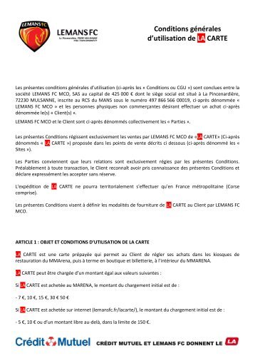 Conditions générales d'utilisation de LA CARTE - Le Mans FC