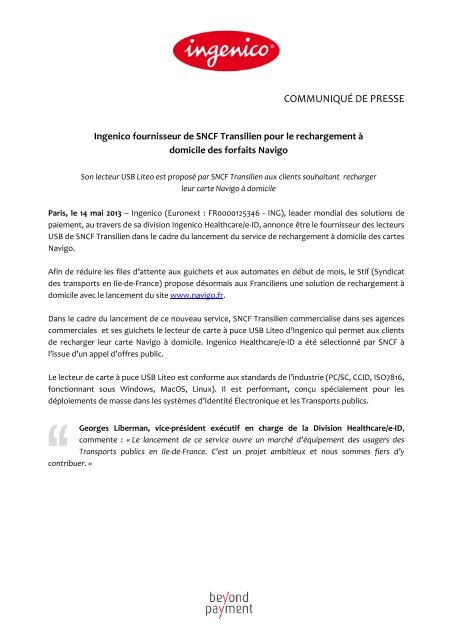 Ingenico fournisseur de SNCF Transilien pour le rechargement à ...