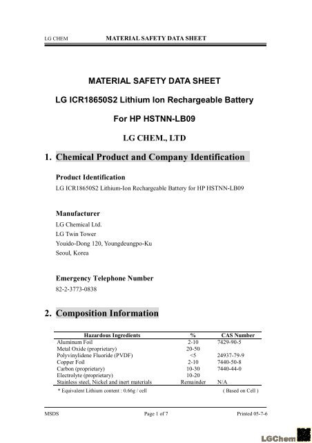 Material Safety Data Sheet LG ICR18650S2 Lithium Ion ... - HP