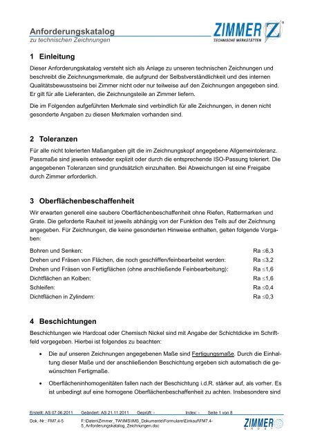 Anforderungskatalog zu technischen Zeichnungen - Zimmer GmbH