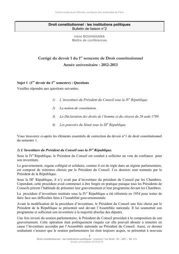 Corrigé du devoir 1 du 1er semestre de Droit constitutionnel ... - Cavej