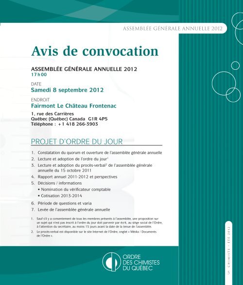 Revue Chimiste Été 2012 - Ordre des chimistes du Québec