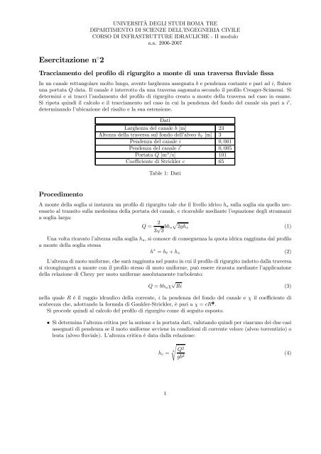 Esercitazione 2: tracciamento dei profili di rigurgito a