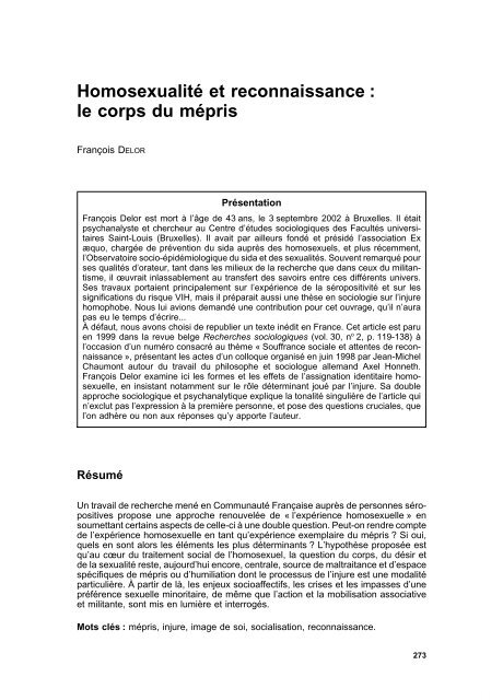 Homosexualité et reconnaissance : le corps du mépris