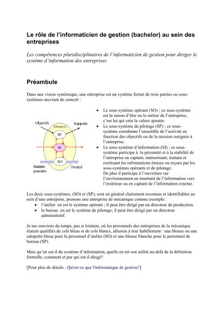 Le rôle de l'informaticien de gestion (bachelor) au sein des entreprises