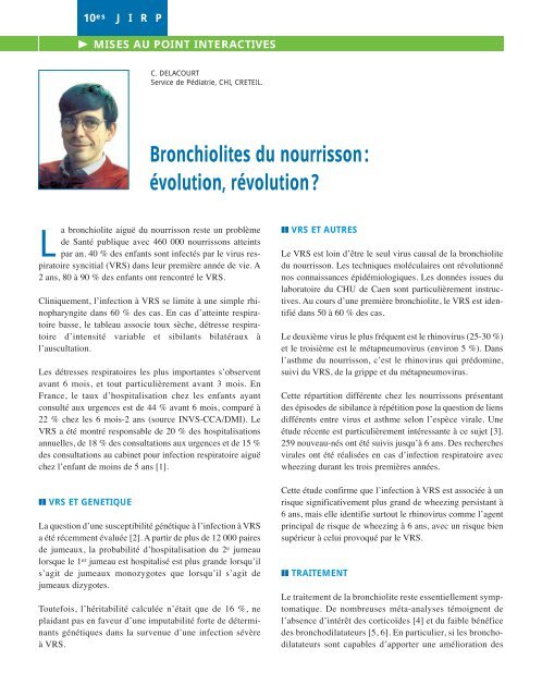 Bronchiolites du nourrisson: évolution, révolution ? - JIRP