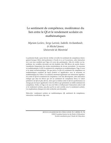 Le sentiment de compétence, modérateur du lien entre le QI et le ...