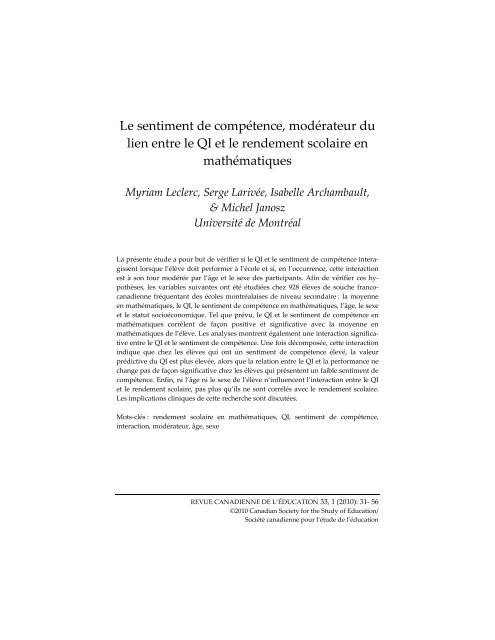 Le sentiment de compétence, modérateur du lien entre le QI et le ...